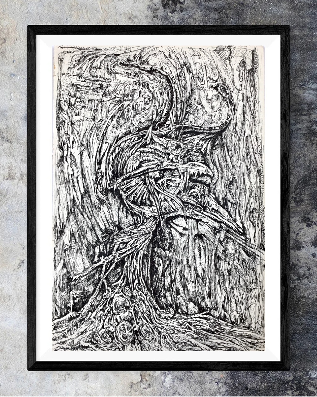 An abstract biomorphic entity emerging in from the swirling abyss; It's in the trees, its coming