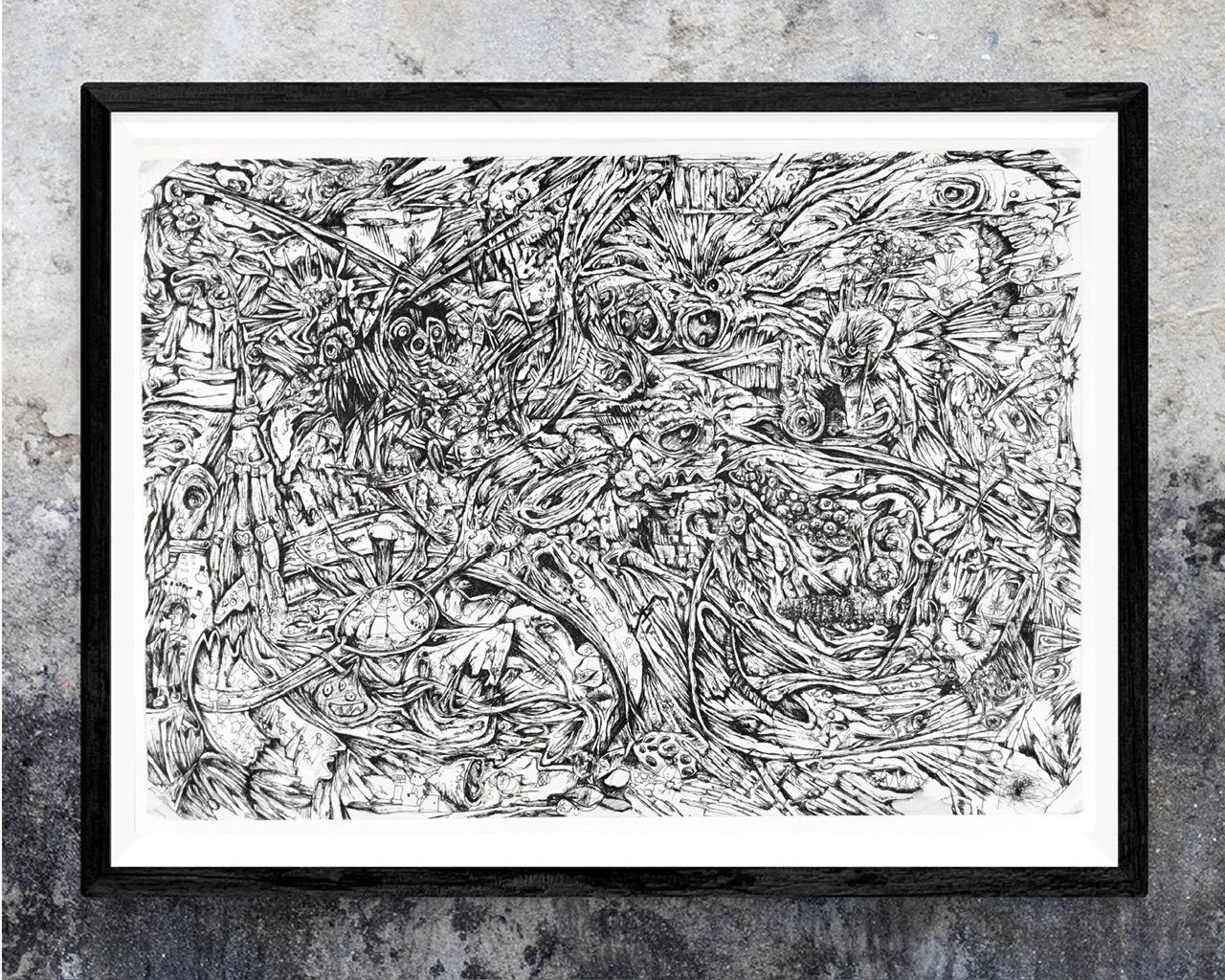 A complex, abstract, organic automatic drawing (illustration), magically teaming with unimaginably fantastic life forms