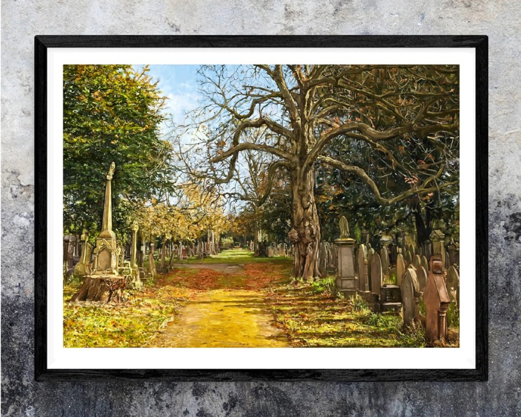 Majestic Autumn sunlit tree lined avenue cutting through Southern Cemetery in Manchester