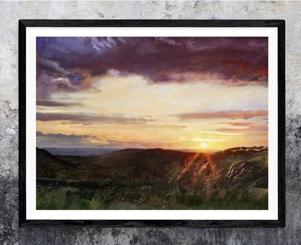 Beautiful sunset painted scene in Rainow looking back over the hills towards Manchester